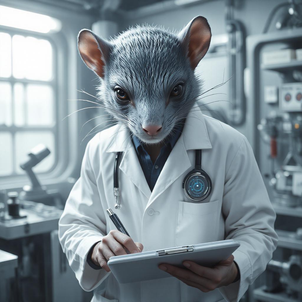 A grey rat with intelligent dark eyes wears a white laboratory coat and stethoscope while holding a clipboard and pen, standing in a modern scientific laboratory with medical equipment and bright fluorescent lighting.