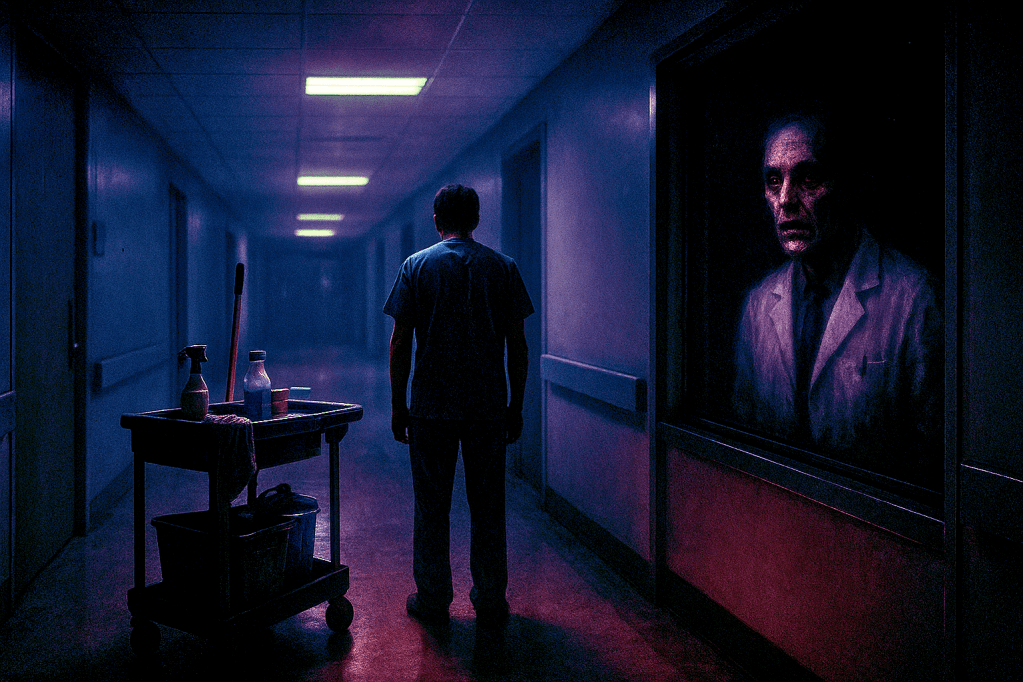 Hospital corridor at night with janitor's cart and figure walking away, while a distorted reflection of a different person appears in the window glass
