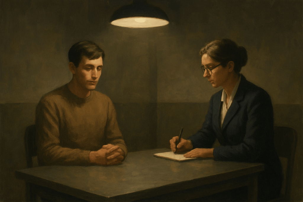 A man in brown clothing sits calmly across from a woman in a dark jacket and spectacles in a dimly lit interview room. The woman takes notes while a single overhead light illuminates the sparse table between them, creating an atmosphere of clinical interrogation.