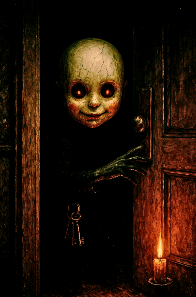 A small figure with a cracked, pale porcelain mask stands in a dark doorway, illuminated by candlelight. The mask has painted rosy cheeks and a subtle, unchanging smile, with glowing amber eyes visible through the eye holes. Vintage keys hang from the figure's dark clothing. The atmospheric lighting creates deep shadows in what appears to be a domestic interior, emphasizing the eerie, unsettling presence of this child-sized entity.