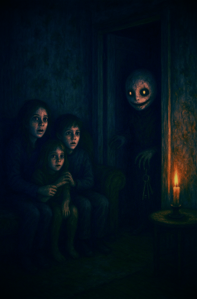 A dark, atmospheric horror scene showing three frightened figures - an adult and two children - huddled together in shadows on the left side of the frame, their faces illuminated with terror. In a doorway on the right stands a menacing figure with a cracked, pale face featuring glowing amber eyes and a disturbing smile. A single candle provides eerie lighting in what appears to be a domestic interior, creating deep shadows and emphasizing the contrast between the vulnerable group and the threatening presence in the doorway.