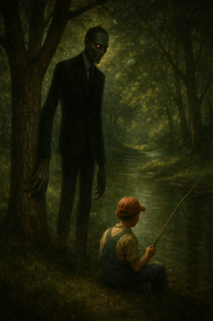 A dark, atmospheric illustration showing a young boy in overalls and cap sitting by a woodland stream with a fishing rod, unaware of a tall, sinister figure in a black suit looming behind him among the trees. The shadowy figure has one glowing orange eye visible and towers menacingly over the innocent fishing scene. The setting is a dappled forest with green light filtering through leaves, creating an ominous contrast between the peaceful countryside and the supernatural threat.