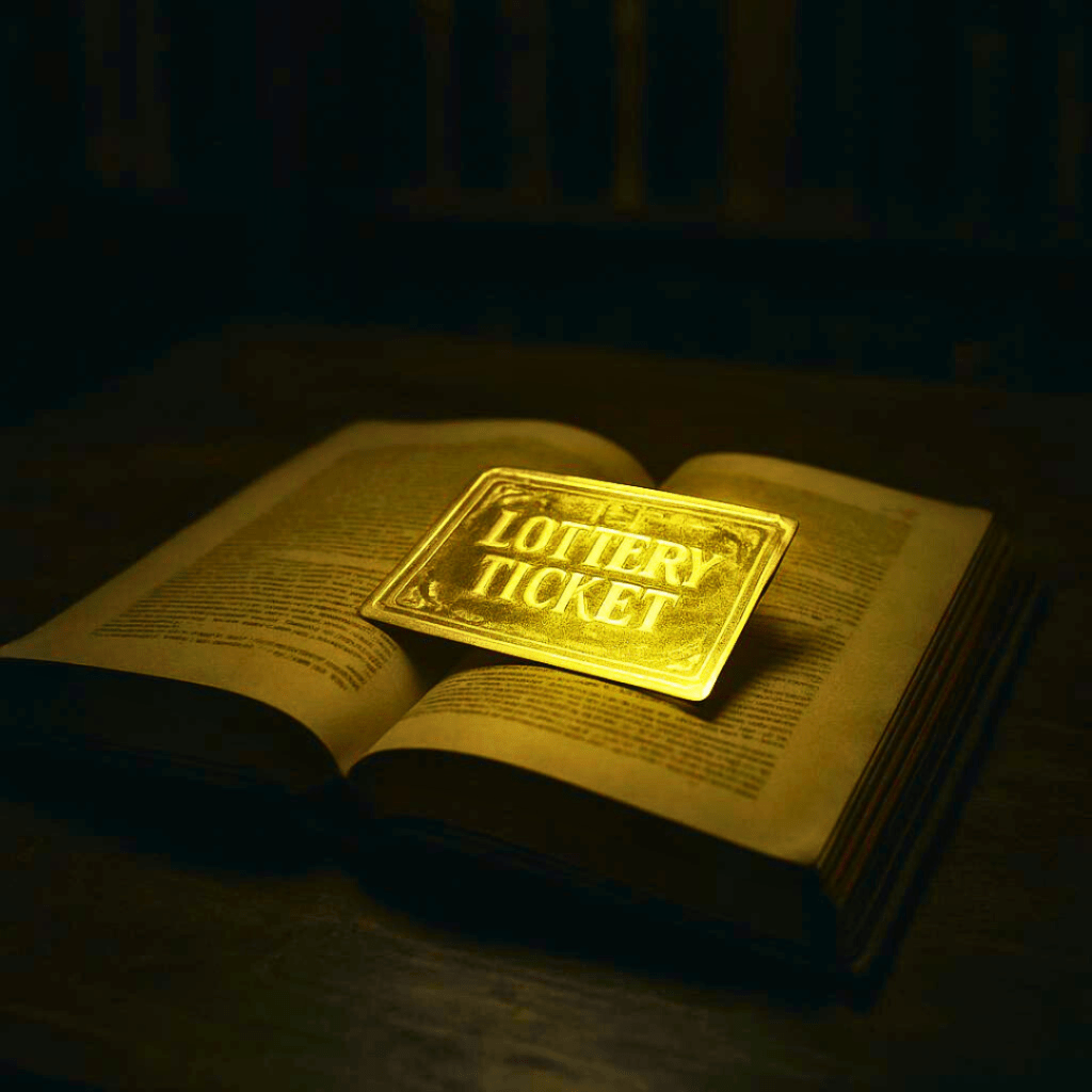 Golden lottery ticket between the pages of an old hardback novel. The ticket is glowing.