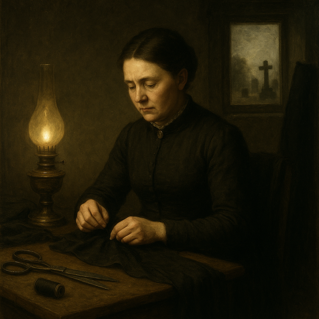 A middle-aged Victorian woman dressed entirely in black sits at a wooden worktable, her face cast downward in concentration as she sews dark fabric. An oil lamp provides warm, golden illumination, creating dramatic shadows across the scene. Her sewing implements - scissors, thread spools, and fabric - are arranged on the table surface. Behind her, a window reveals a graveyard scene with crosses and headstones silhouetted against an overcast sky, reinforcing the somber, gothic atmosphere of the image.