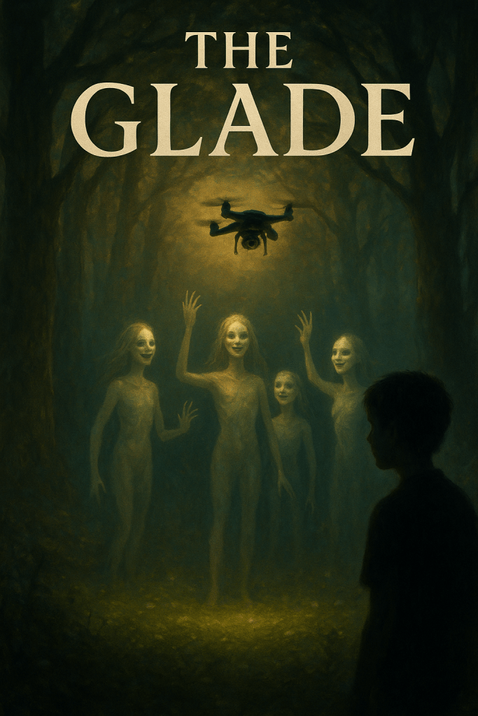 A young boy in silhouette faces glowing ethereal figures with unnaturally wide smiles in a dark forest glade, their arms raised towards a drone hovering overhead in golden-green light
