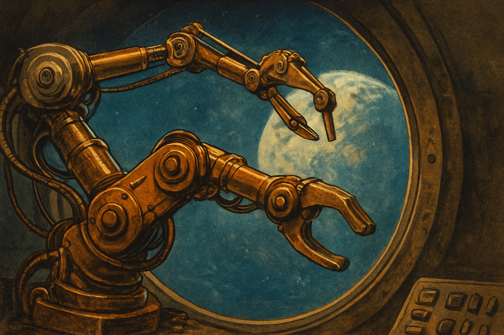 Vintage illustration showing two brass mechanical manipulator arms reaching towards Earth through a porthole, evoking 1940s science fiction and Heinlein's story "Waldo"