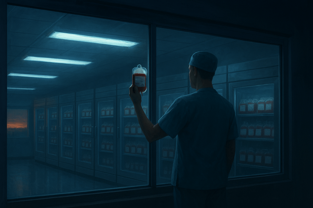 Digital painting of a blood donation centre at night, with a lone medical worker inspecting a blood bag under blue fluorescent light. Cold, clinical atmosphere with dawn light outside, capturing a dark, eerie night shift mood.