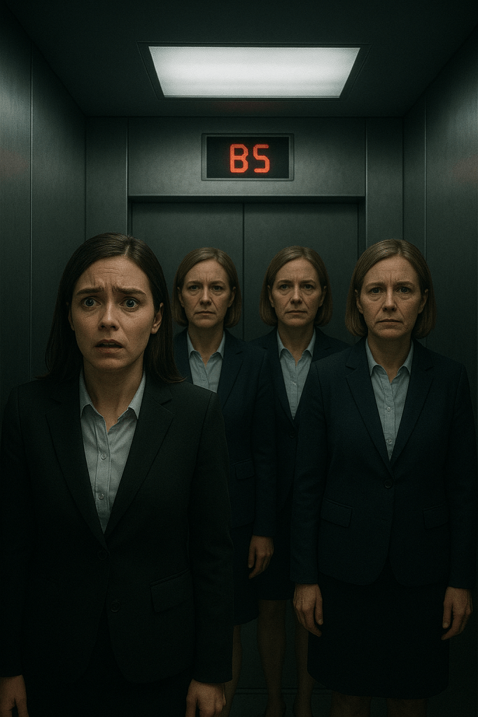 Young woman in dark business suit pressed against lift wall with expression of terror. Behind her stand four identical middle-aged women in navy suits with identical faces and hairstyles, positioned in an unnaturally synchronized line. Digital display shows 'B5' in orange numbers. Harsh fluorescent lighting and brushed metal walls create oppressive corporate atmosphere.