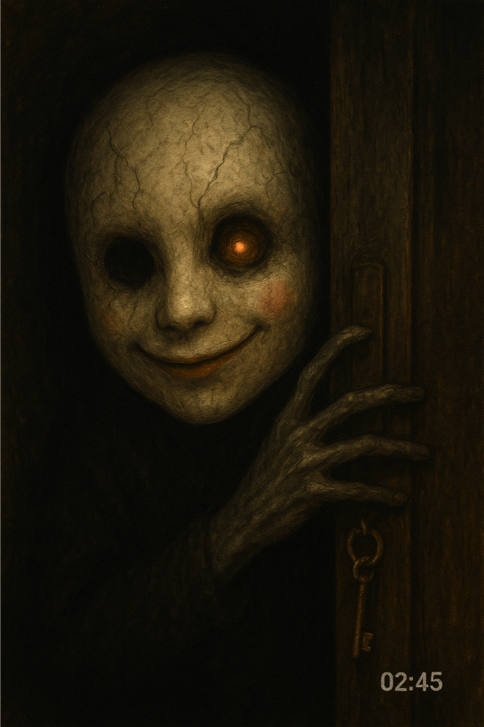 A cracked porcelain child's mask with a painted smile and single glowing orange eye emerges from darkness. Long, skeletal fingers with too many joints grip a wooden doorframe beside an old brass key. Dark, textured horror illustration.