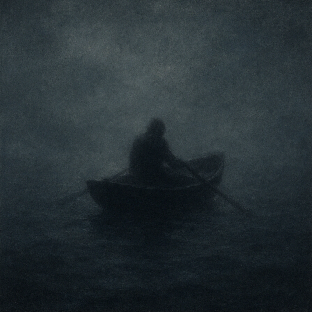 A shadowy figure rows a small boat through thick fog on a dark ocean, their form deliberately obscured by mist and darkness, creating an atmosphere of isolation and dread.