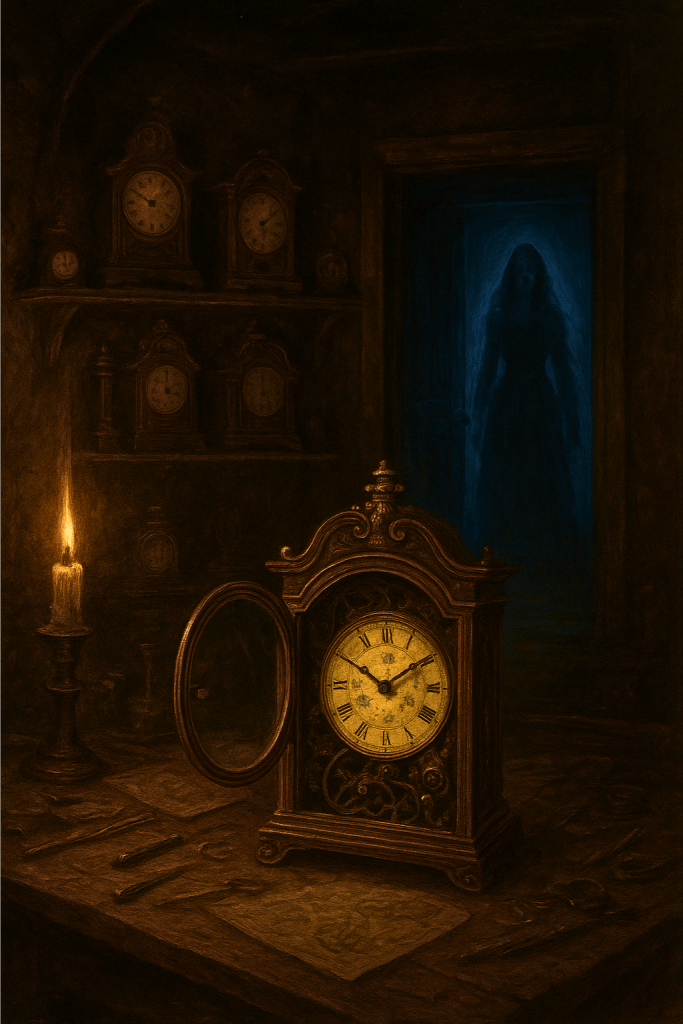 A dark Victorian watchmaker's workshop illuminated by a single candle. An ornate mantel clock with a golden face sits in the foreground on a wooden workbench, with tools scattered nearby. Shelves of antique clocks line the shadowy walls. Through a doorway in the background, an ethereal blue glow reveals the silhouette of a ghostly female figure in a long dress.
