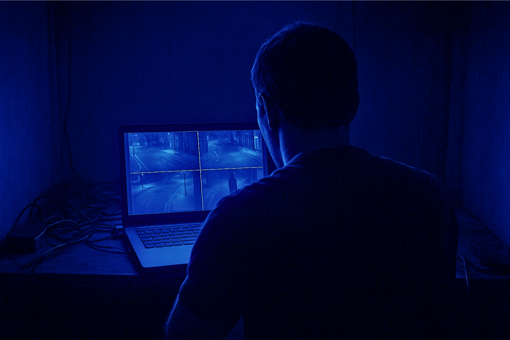 Man silhouetted in darkness viewing security camera feeds on laptop screen, bathed in blue light