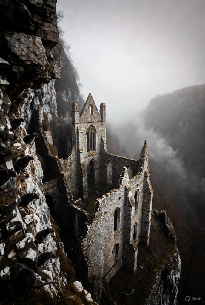 A ruined Gothic priory built into a limestone cliff face, with clouds circling the crumbling tower. Multiple layers of decaying architecture descend into misty darkness, with a desolate valley visible in the background.