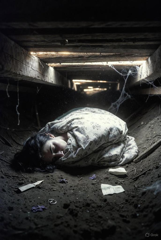 A woman lies motionless in a dark crawlspace beneath wooden floorboards, wrapped in a patterned blanket, with light filtering through gaps above, scattered photographs and cobwebs visible in the claustrophobic space.