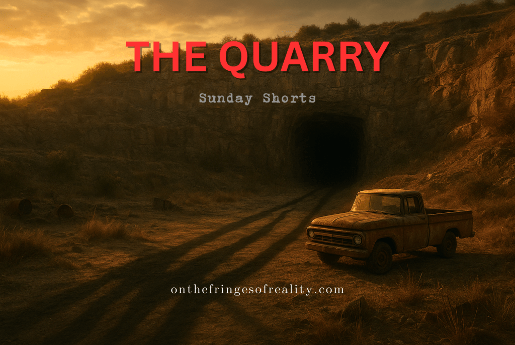 An abandoned quarry at sunset showing a dark mine shaft entrance in a hillside, with an old truck parked nearby and long shadows stretching across the rocky terrain.