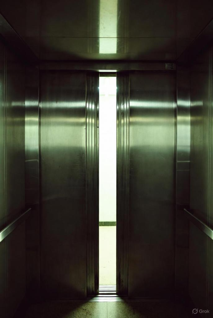 View from inside a dimly lit elevator showing metal doors nearly closed with a narrow vertical gap of bright light from the corridor beyond, creating a claustrophobic and threatening atmosphere.