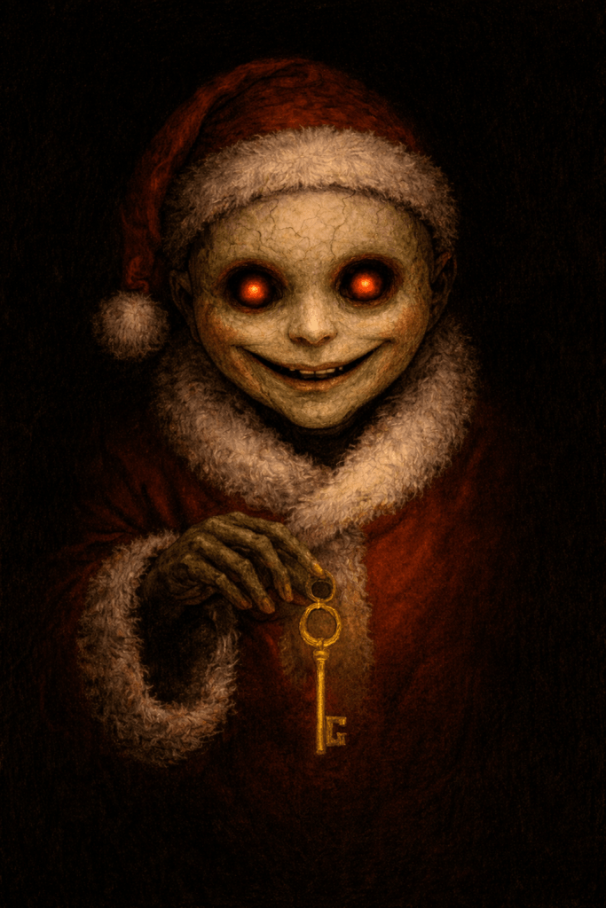 A nightmarish figure in a tattered red Santa suit and hat, with a cracked porcelain mask for a face showing a wide painted smile and glowing orange eyes. Long skeletal fingers hold a tarnished brass key. Dark oil painting style against black background.