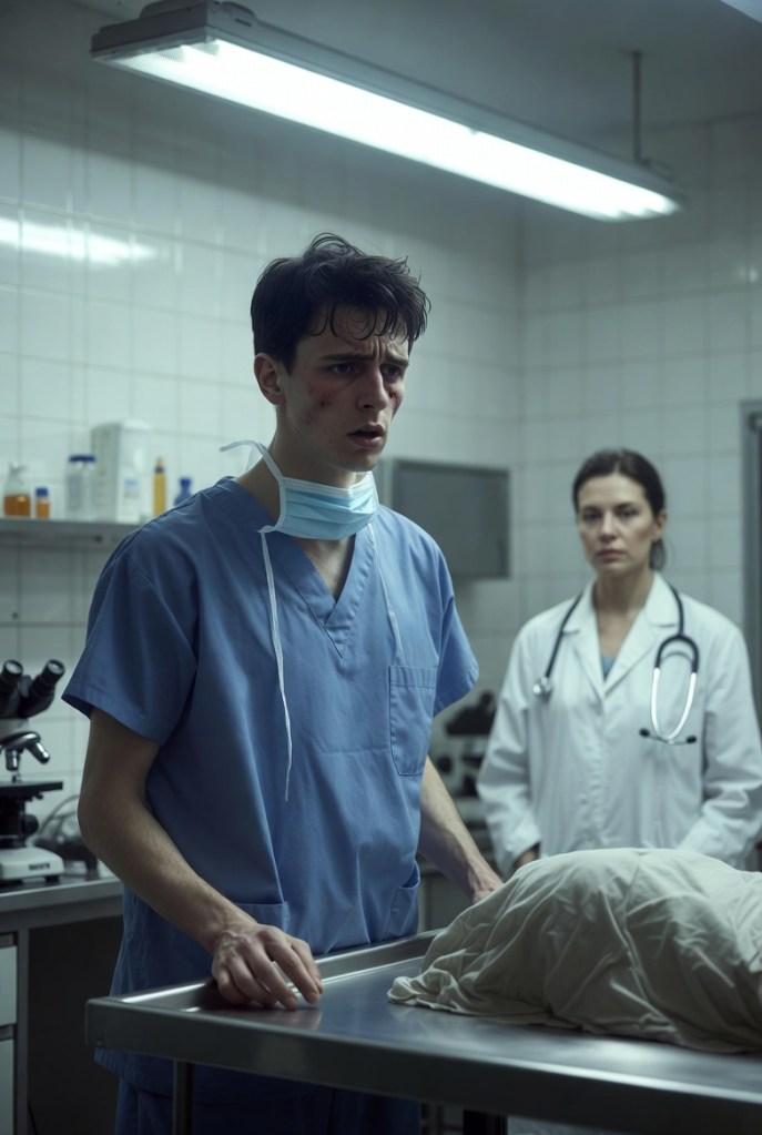 A medical student stands frozen at a dissection table in a sterile laboratory whilst a doctor in a white coat watches him with cold, clinical detachment