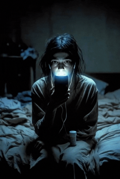 A pale teenage girl sits alone in darkness, her face illuminated by the cold blue glow of a smartphone, wearing earbuds with a blank, detached expression. She lowers her phone and picks up a pill bottle.