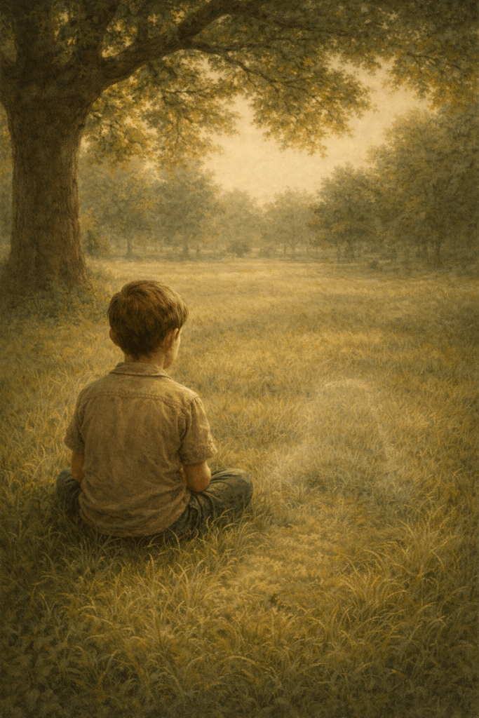A boy sits alone cross-legged in long grass beneath an oak tree, his back to the viewer, gazing across a sunlit field. The space beside him glows faintly, almost imperceptibly, as though the light itself is uncertain whether something is there. Painted in warm, hazy greens and golds with a deceptively pastoral atmosphere.
