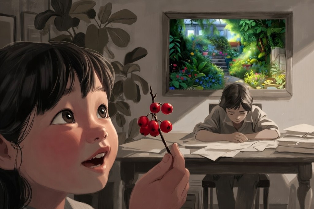 A young girl, Iris, stands in a muted living room holding a twig of bright red hawthorn berries, her face lit with delight. In the background, an adult sits bent over a cluttered table of papers, expression absent, not looking up. On the wall hangs a framed painting of a lush, luminous garden. An oversized plant crowds one corner.