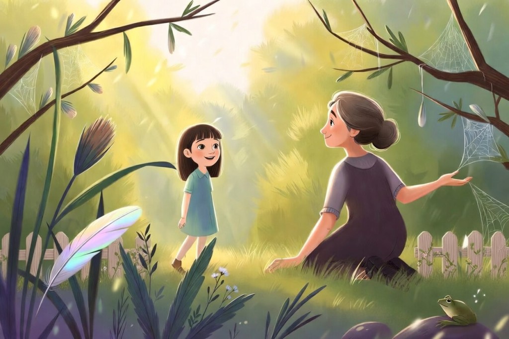 Mrs Hawthorn kneels in a wild, golden garden, one hand in the grass, the other extended in an open beckoning gesture towards Iris, who stands just inside a wooden gate. An iridescent feather rests in the foreground. Spider's webs hang in the branches above. A frog sits on a stone in the corner, looking outward.