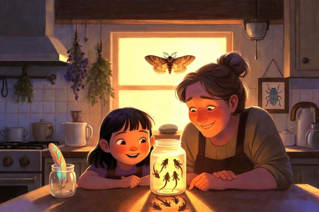 Iris and Mrs Hawthorn lean together over a glowing jar of tadpoles on a kitchen table, both faces warm and absorbed in shared delight. A Death's Head moth rests above the window. An iridescent feather stands in a jar to the left. On the wall hangs a child's crayon drawing of a beetle, framed with care. The tadpoles cast shadows on the table.