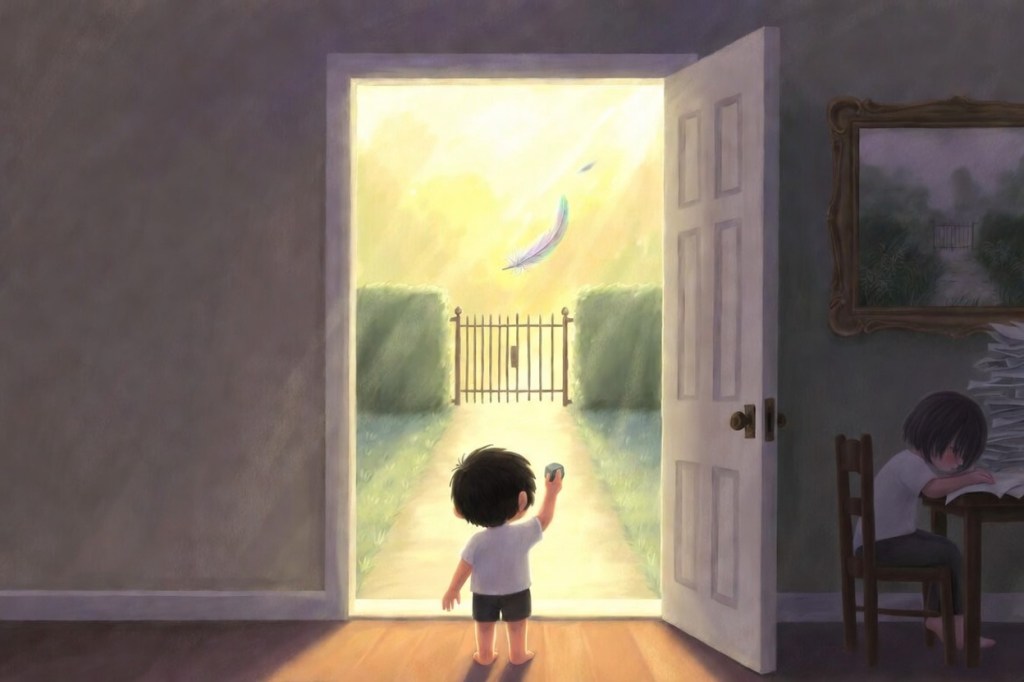 A very young child, Moss, stands in an open doorway, back to us, one arm raised holding a small grey stone. An iridescent feather tumbles through the golden light towards a gate standing ajar at the end of a lane. To the right, the parent sits slumped over papers in shadow, unaware. On the wall, the framed garden painting from Illustration 1 hangs darker now — overgrown, the path obscured, the light gone.